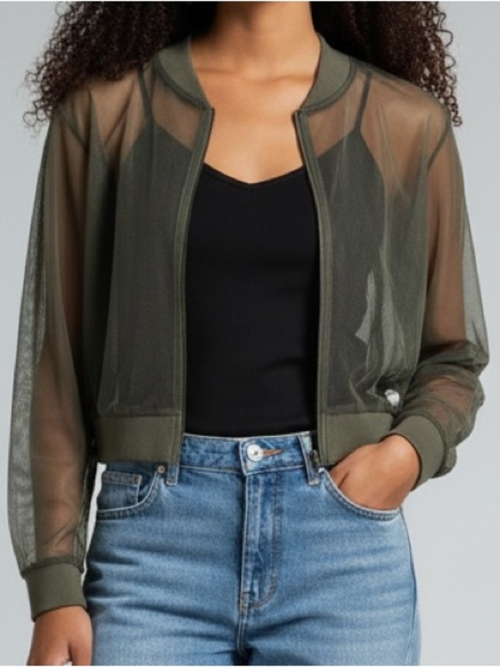 ASOS Women Olive Green Mesh-Lined Sheer Cropped Zip Top 6 Whimsigoth Witchy Chic